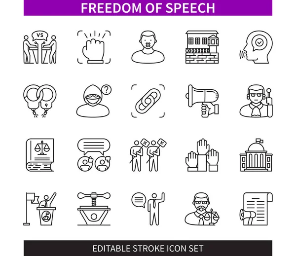 Linea Modificabile Set Icone Con Contorno Libertà Parola Protesta Anonimo — Vettoriale Stock