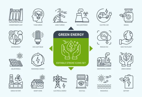 Editable Line Green Energy Outline Icon Set Nuclear Power Solar — Stock Vector