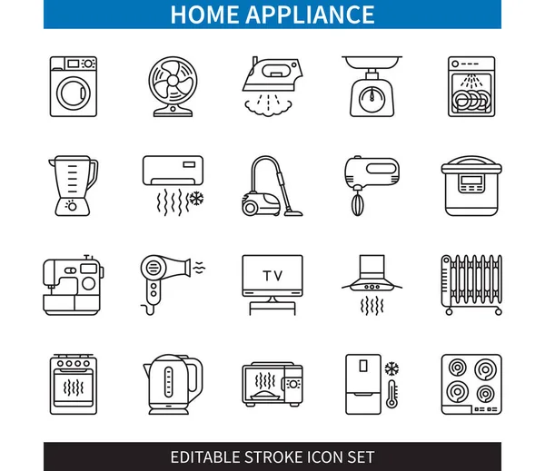 Edytowalna Linia Home Appliance Zestaw Ikon Konowych Pralka Kuchenka Mikrofalowa — Wektor stockowy