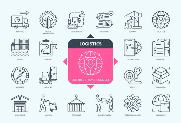Editable Line Logistics Окреслюють Іконний Набір Delivery Route Warehouse Forklift — стоковий вектор