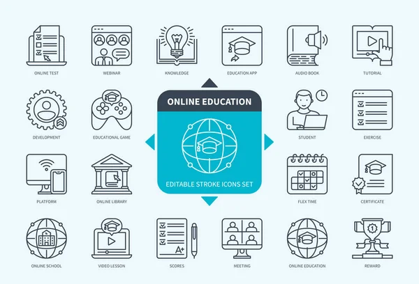 Linha Editável Conjunto Ícones Esboço Educação Online Tutorial Lições Vídeo — Vetor de Stock