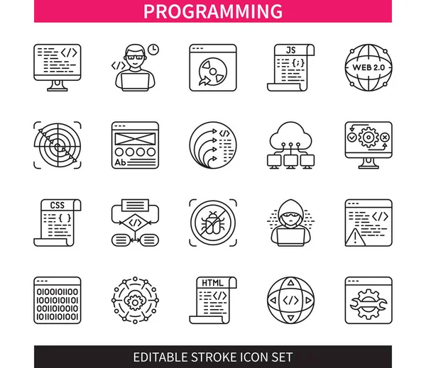 Editierbare Zeile Programmierumrisse Symbolsatz Web Algorithmus Binärcode Spiralentwicklung Testing Cloud — Stockvektor
