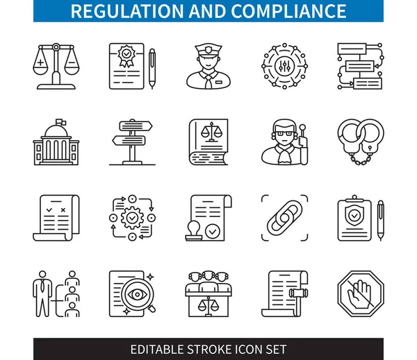 Línea Editable Reglamento Conjunto Iconos Esquema Cumplimiento Ley Ética Gobierno — Archivo Imágenes Vectoriales