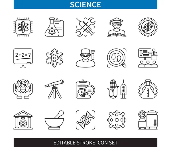 Editable Line Science Outline Icon Set 실험실 과학자 망원경 생물학 — 스톡 벡터