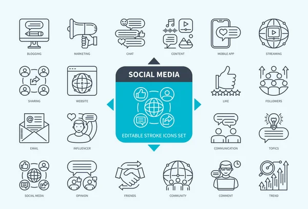 Línea Editable Conjunto Iconos Esquema Redes Sociales Igual Que Blogging — Archivo Imágenes Vectoriales