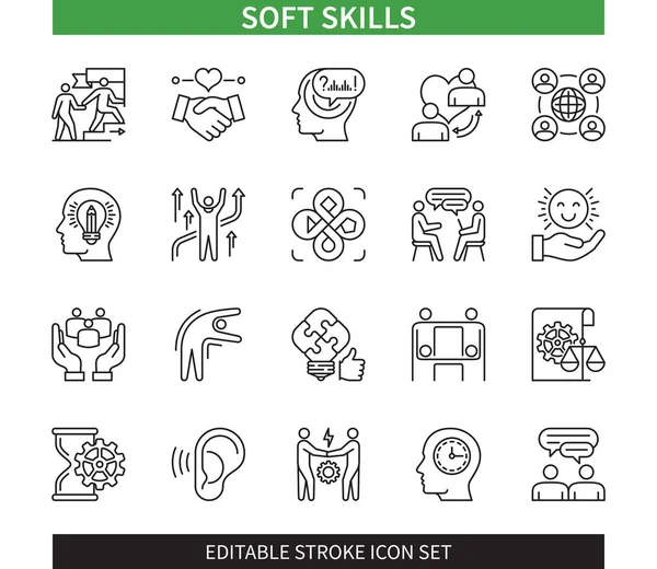 Linea Modificabile Set Icone Con Contorno Soft Skills Responsabilità Empatia — Vettoriale Stock