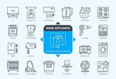 Düzenlenebilir satır Ev Aletleri ana hatları simgesi seti. Çamaşır makinesi, mikrodalga fırın, elektrikli süpürge, buzdolabı, elektrikli ısıtıcı, elektrikli ütü, vantilatör, televizyon. Düzenlenebilir vuruş simgeleri EPS