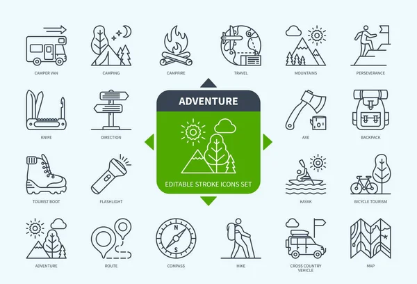 Editable Line Adventure Outline Icon Set Campfire Map Camper Van — Stock Vector