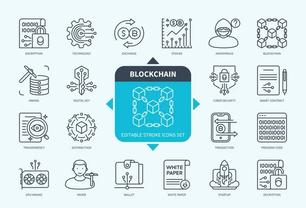Düzenlenebilir Satır Blockchain Ana Hatları Simgesi Seti Dijital Anahtar Siber — Stok Vektör