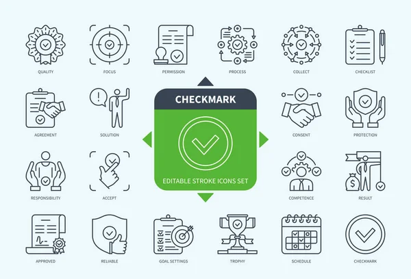 Editable Line Checkmark Outline Icon Set Goal Settings Process Agreement — Stock Vector