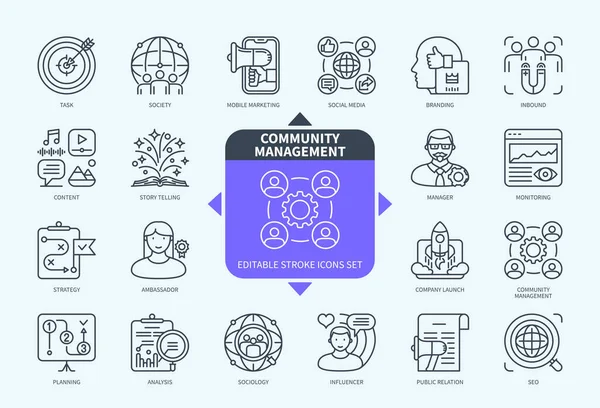 Redigerbar Linje Community Management Skiss Ikon Set Sociala Medier Influencer — Stock vektor