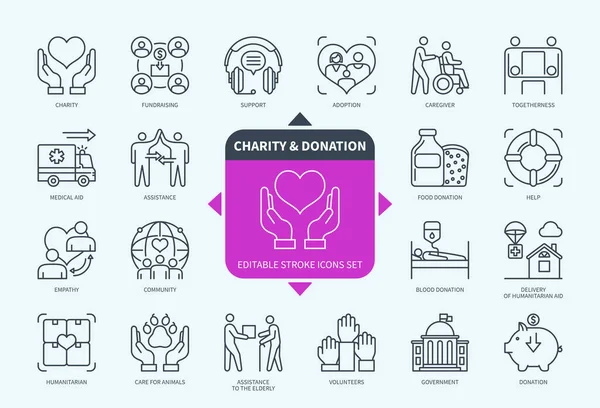 Línea Editable Conjunto Iconos Del Esquema Caridad Donación Comunidad Ayuda — Archivo Imágenes Vectoriales