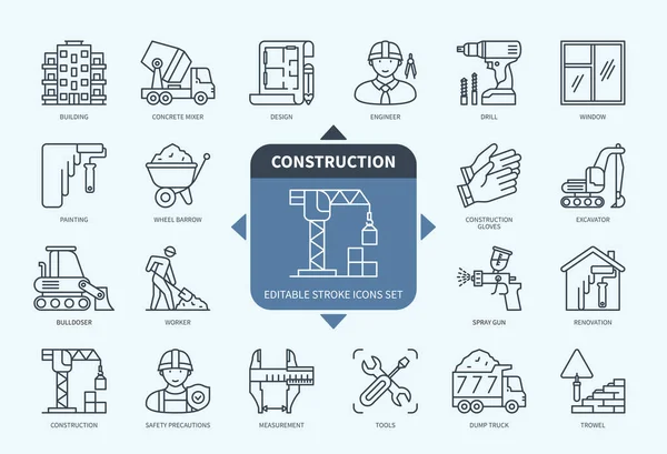 Editable Line Construction Outline Icon Set Crane Bulldozer Concrete Mixer — Stock Vector