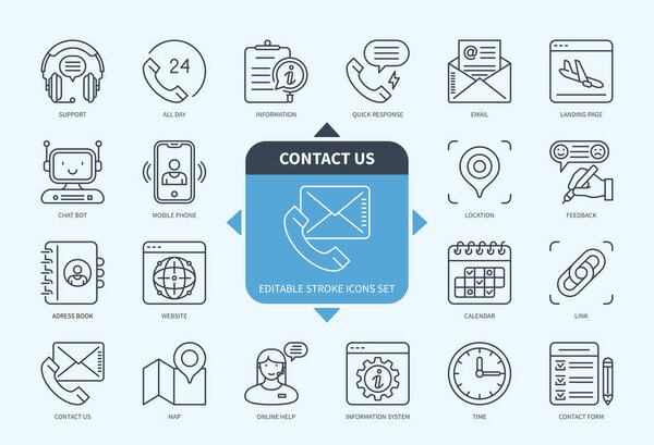 Editable line Contact Us outline icon set. Schedule, Assistance, Chatbot, All Day, Communication, Information, Contact Form, Address Book. Editable stroke icons EPS