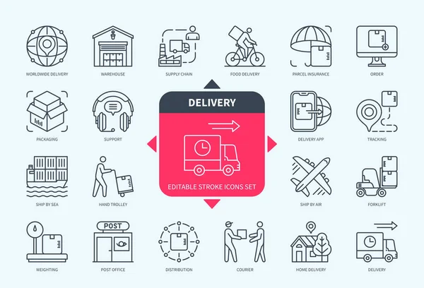 Editable Line Delivery Outline Icon Set 포크리프트 세계적 불완전 뇌졸중 — 스톡 벡터