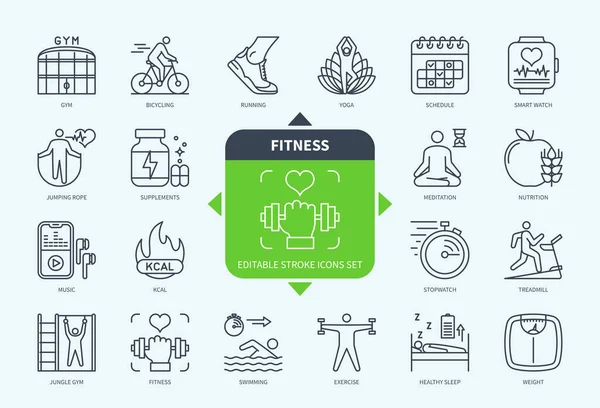 Línea Editable Conjunto Iconos Esquema Fitness Gimnasio Yoga Nutrición Reloj — Vector de stock