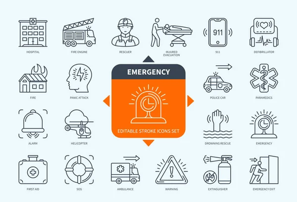 編集可能なライン緊急アウトラインアイコンセット 負傷者避難 救助者 911 救急車 緊急時 応急処置 編集可能なストロークアイコン Eps — ストックベクタ
