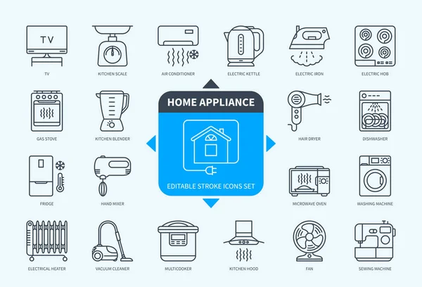 Editable Line Home Appliance Outline Icon Set Washing Machine Microwave — Stock Vector