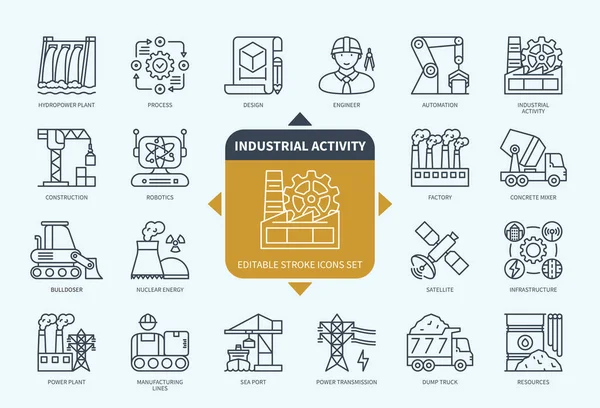 Linea Modificabile Set Icona Contorno Attività Industriale Automazione Fabbrica Centrale — Vettoriale Stock