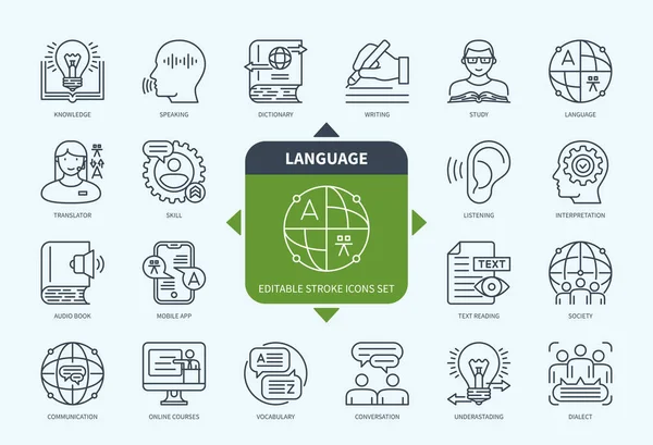 Ligne Modifiable Jeu Icônes Contour Linguistique Dictionnaire Communication Connaissances Vocabulaire — Image vectorielle