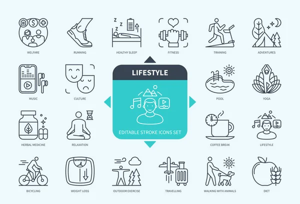 Linha Editável Lifestyle Esboço Ícone Definido Correr Cultura Yoga Medicina —  Vetores de Stock