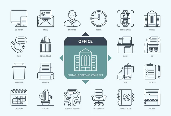 Editable Line Office Outline Icon Set Computer Desk Office Space — Stock Vector