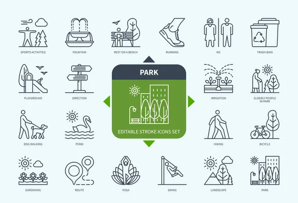 Editable Line Outdoor Park Outline Icon Set Pond Fountain Dog — Stock Vector