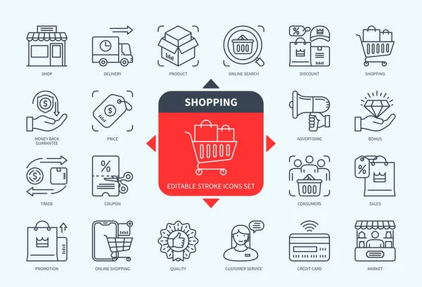 Linea Modificabile Set Icona Contorno Shopping Marketing Coupon Consegna Servizio — Vettoriale Stock