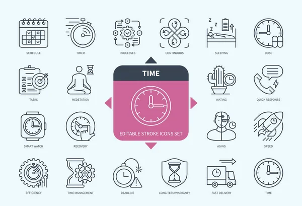 Düzenlenebilir Satır Zaman Ana Hatları Simgesi Seti Bekleme Program Verimlilik — Stok Vektör