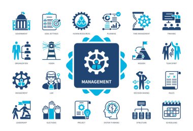 Yönetim simgesi ayarlandı. Hedef Ayarları, Misyon, Zaman Yönetimi, Liderlik, Proje, Eğitim, Hükümet, Örgüt. Duotone renk katı simgeleri