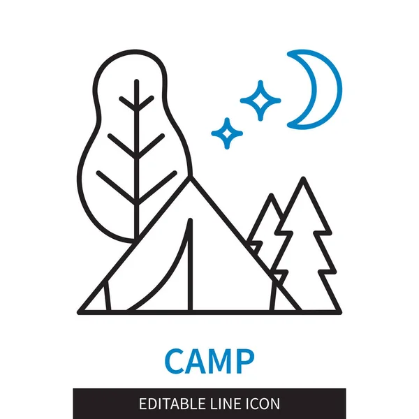 Szerkeszthető Vonal Camp Vázlat Ikon Hold Csillagok Egy Sátor Felett — Stock Vector