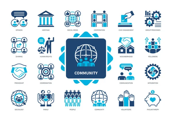 Ikona Společenství Nastavena Podpora Společnost Sociální Média Týmová Práce Komunikace — Stockový vektor