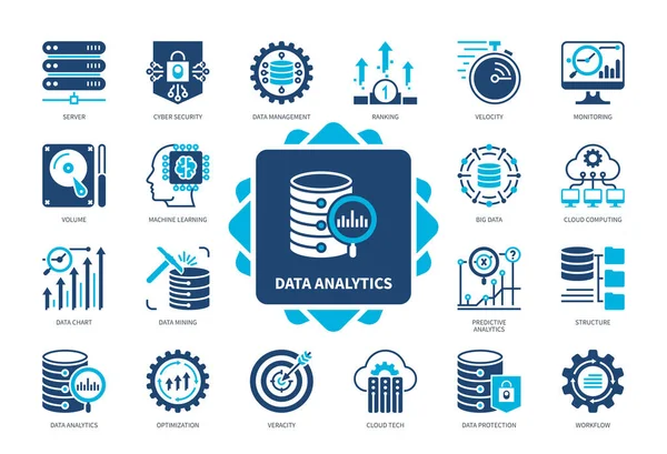 Data Analytics Symbolsatz Struktur Predictive Analytics Machine Learning Cloud Computing — Stockvektor
