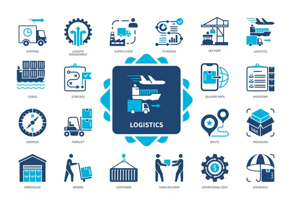 Σύνολο Εικονίδιο Logistics Παράδοση Διαδρομή Αποθήκη Περονοφόρο Φορτίο Σχεδιασμός Εφοδιαστική — Διανυσματικό Αρχείο