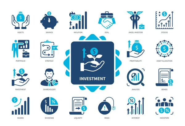Juego Iconos Inversión Angel Inversor Acciones Asignación Activos Ingresos Dividendos — Vector de stock