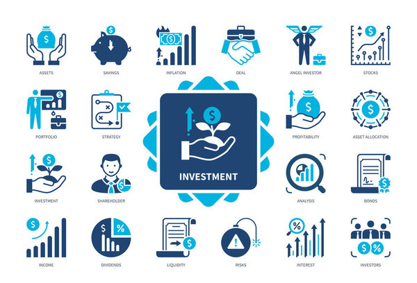 Investment icon set. Angel Investor, Stocks, Asset Allocation, Income, Dividends, Profitability, Portfolio. Duotone color solid icons