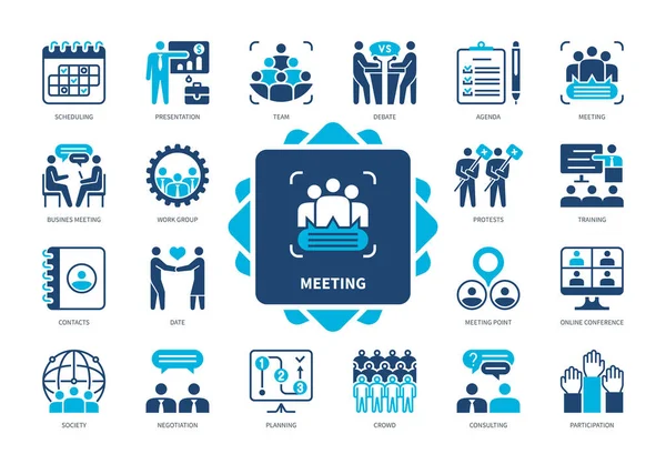 Meeting Ikone Gesetzt Präsentation Debatte Datum Online Konferenz Kontakte Schulung — Stockvektor