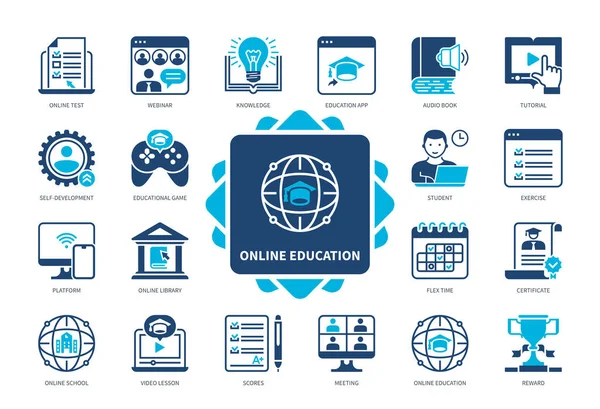 Set Icone Educazione Online Tutorial Video Lezioni Scuola Online Sviluppo — Vettoriale Stock