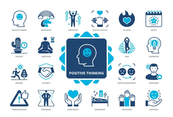 Ikona Pozitivního Myšlení Nastavena Emoční Management Zdravý Životní Styl Sebevědomí — Stockový vektor