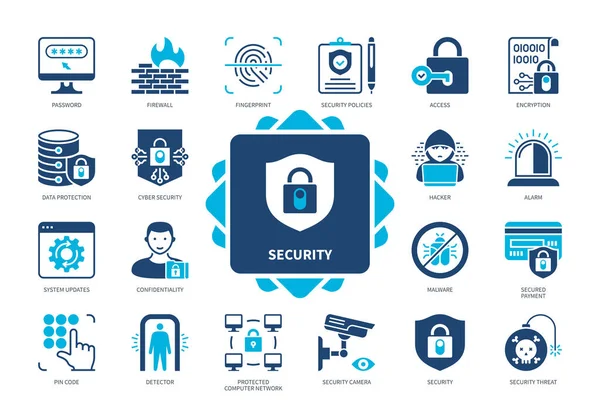 Sicherheitssymbole Gesetzt Passwort Fingerabdruck Firewall Detektor Überwachungskamera Hacker Cybersicherheit Duotonfarbe — Stockvektor
