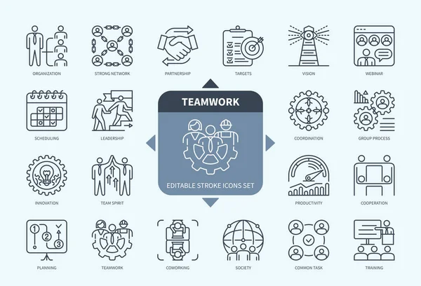 Editable Line Teamwork Outline Icon Set 생산성 네트워크 리더십 불완전 — 스톡 벡터