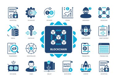 Blockchain simgesi ayarlandı. Dijital Anahtar, Siber Güvenlik, İşlem, Madencilik, Akıllı Anlaşma, Borsa, Cüzdan, Şifreleme. Duotone renk katı simgeleri