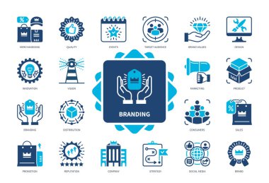 Marka simgesi seti. Ürün, İndirim, Şirket, Yenilik, Tasarım, Tüketiciler, Pazarlama, Dağıtım. Duotone renk katı simgeleri