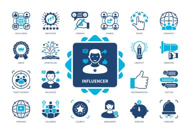 Etki simgesi seti. İzleyiciler, Tavsiye, Büyükelçi, Geribildirim, Derecelendirme, İtibar, Topluluk, Akış. Duotone renk katı simgeleri