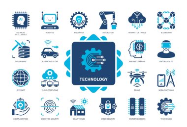 Teknoloji simgesi seti. Yenilik, Yapay Zeka, Veri Madenciliği, Robot Bilimi, Makine Öğrenme, İnternet, Engelleme Zinciri, İHA. Duotone renk katı simgeleri