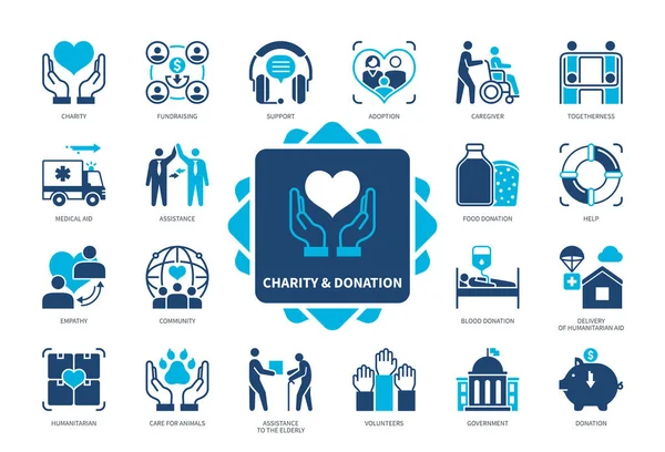 Conjunto Iconos Desafío Comunidad Donación Sangre Humanitario Donación Ayuda Apoyo — Archivo Imágenes Vectoriales