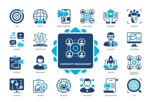 Conjunto Ícones Community Management Social Media Influenciador Relações Públicas Seo — Vetor de Stock