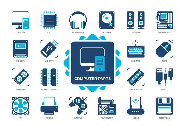 Σύνολο Εικονιδίων Μερών Υπολογιστών Μητρική Πλακέτα Κάρτα Βίντεο Καλώδια Ακουστικά — Διανυσματικό Αρχείο