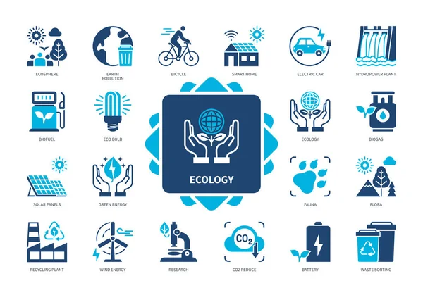 Ecology Icon Set Green Energy Recycling Plant Solar Panels Fauna — Stock Vector