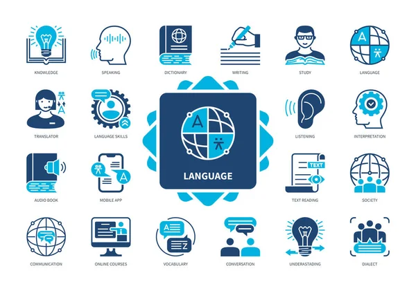 Σύνολο Εικονιδίων Γλώσσας Λεξικό Επικοινωνία Γνώση Λεξιλόγιο Μεταφραστής Ανάγνωση Κειμένου — Διανυσματικό Αρχείο